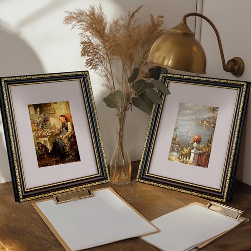 Image of eletecpro 8x10 Vintage Picture Frame, Glass Cover, Black Gold, 2-Pack | Display Photo 5x7 with Mat or 8x10 without, Horizontal or Vertical, Tabletop or Wall Decor