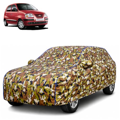 Image of Waterproof Car Body Cover for Hyundai Santro Xing with Mirror Pocket| Cotton Inner Lining | Triple Stitched | All Weather Protection | Dust, UV & Rain Proof (Camouflage with Blue Piping)