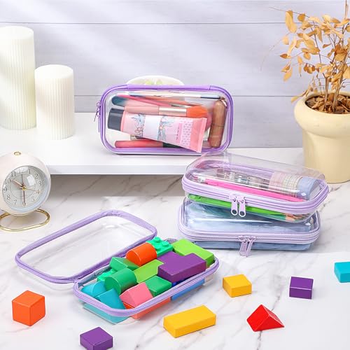 Image of Hoolerry 4 Pcs Hard Clear Zipper Case Makeup Bags Plastic Zipper Pouch Transparent Storage Box Containers for Cosmetics, Snacks, Building Blocks, Puzzles(Clear,7.5 x 3.9 x 2 in,Purple)