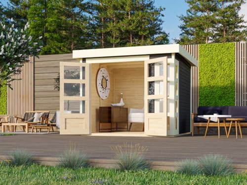 Karibu Gartenhaus | Gerätehaus mit 19 mm Wandstärke | Doppeltür mit Lichtausschnitten + Fenster | Schuppen mit 5,26 m² Grundfläche | Steck-/Schraubsystem | Terragrau | 242 x 217 x 211 cm