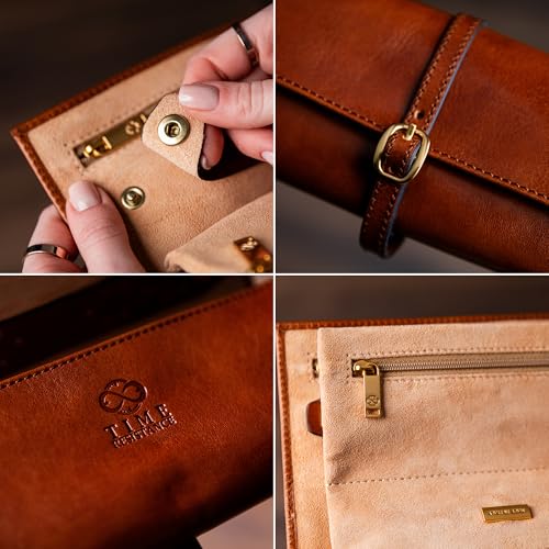 Image of Time Resistance Leather Jewelry Roll - Full Grain Leather Travel Jewelry Case - Jewellery Organizer Made in Italy (Cognac Brown)