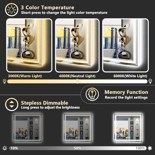 Image of 36x36 LED Bathroom Mirror with Lights, Backlit and Front Lit Anti-Fog Lighted Vanity Mirrors for Bathroom Wall, Dimmable, 3-Color Light, Memory, Shatter-Proof, HD Tempered Glass, CRI＞90