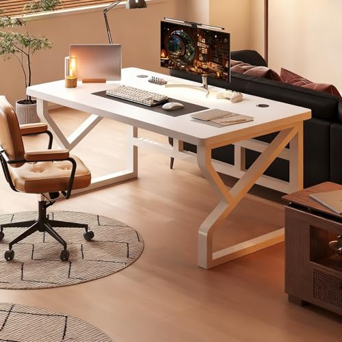 FXLKLUXE パソコンデスク ゲーミングデスク 事務机 オフィスデスク 幅100 120 140 160 180cm 1~2人用 25mm厚の無垢材ボード 耐荷重250kg 勉強机 配線孔付き 強化クロスバー 天板にモニターアーム取付可能 簡単なインス