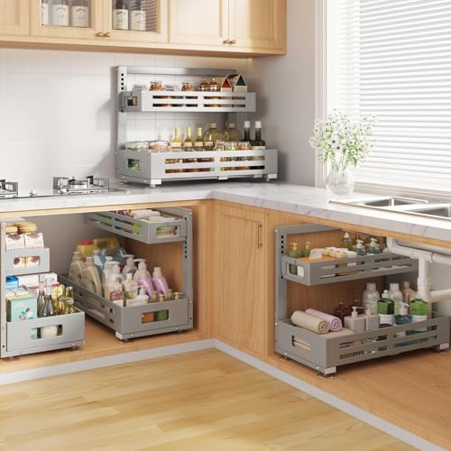 Image of 2 Pack 21IN-Depth Under Sink Organizer,Pull Out Cabinet Organizer With Smooth Cylindrical Rail,Metal Slide Out Drawer for Kitchen Bathroom Laundry,8-Level Tool Free Height Adjustable-Gun Gray