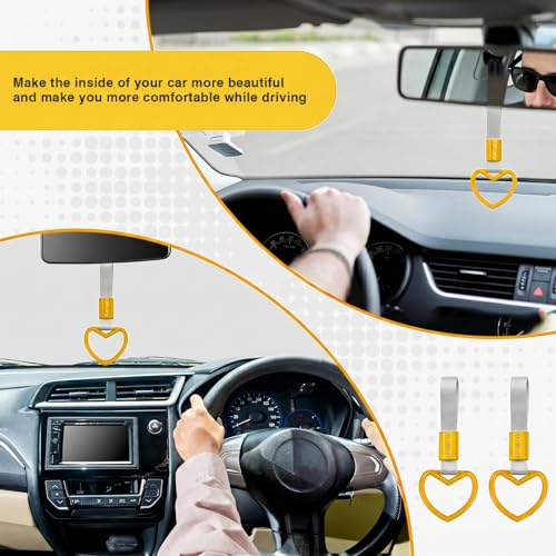 Image of 2PCS Heart Shaped Car Handle Straps, Rear Bumper Warning Keychain Ring for Car Exterior Accessories (Yellow-Silver)