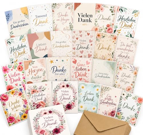 the lazy panda card company 30 Danke-Postkarten mit Kraft-Umschlägen Boho Dankeskarten Set 15 x 10 cm blanko Rückseite 300gsm Perlmutt-Karton 30 verschiedene natürliche Designs