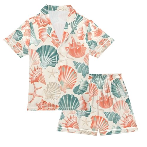 senya Colorful Seashells 1 Satin Summer Pajama Sets Silk Short Sleeve Button Down Sleepwear
