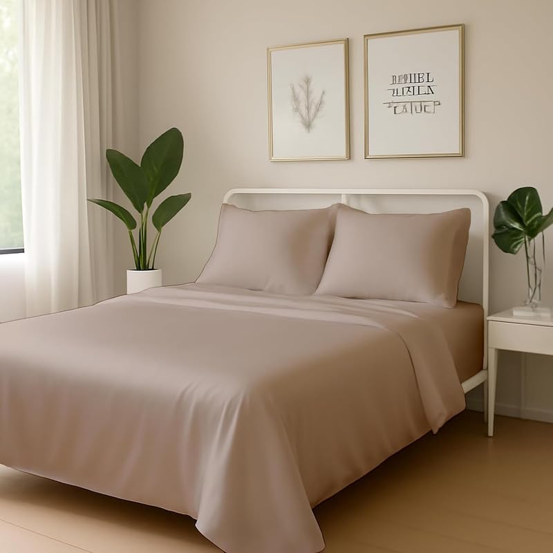Image of Day Care-Luxury Satin Flat Double Bed (90x100 Inchs) Bedsheet|Ultra Soft Silky Smooth Touch|Breathable, Lightweight & Skin Friendly|Wrinkle Resistant|Bear Beige