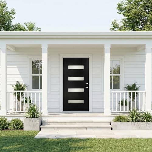 Image of Casaphoria 36 inch x 80 inch Fiberglass Entry Door Without Door Frame,Left Hand Inswing Exterior Door with Brickmould,Contemporary Wooden Grain Knock-Down Front Door for Home Entrance, Black Door Slab Only