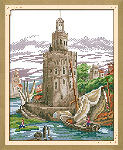 Château de bord de mer en peinture au diamant 5D strass complet broderie d'art mural 30x40