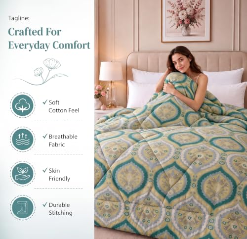 Image of SANMARINO 280 GSM Cotton King Size Comforter | Premium Floral Printed Quilt | Ultra-Soft & Lightweight Reversible AC Blanket for All-Season Comfort, AC Room & Mild Winter - 228x254 cm,Sage Green