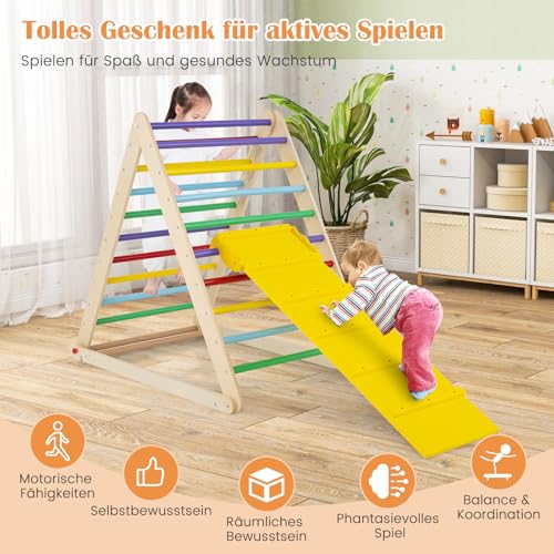 Foto von DREAMADE Kletterdreieck mit Rampe, klappbar Kletterspielzeug Holzdreieck aus Massivholz, Indoor Klettergerüst für Kinder ab 3 Jahren (Bunt)