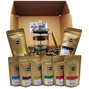 Coffee Gift Box Set 8 Assorted 2oz bags plus1 French Press Stainless Steel Glass Coffee Maker. Amazing coffees from all over the world.