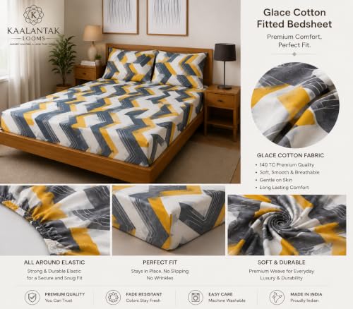Image of Fitted Bedsheet Yellow Grey & White Geometric Print Glace Cotton 210 TC|Full Single Size for Single Bed Fits 4 x 6.25 ft Mattress (48 x 75 Inch)|All Around Elastic |2 Pillow Covers |7 Inch Deep Pocket