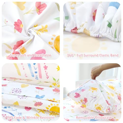 Image of Pea Pod Toddler Bedding Set for Girls, 4 Piece Soft & Breathable Rainbow & Sun Crib Bedding Set, Bed-in-A-Bag Toddler Microfiber Sheet Set, Includes Comforter, Flat Sheet, Fitted Sheet, Pillowcase