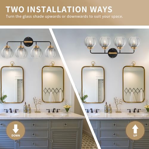 Image of 4-Light Bathroom Vanity Light Black Wall Light Sconces with Smoky Gray Glass Shade Mid Century Bathroom Wall Lights Fixtures Modern Vanity Lamp for Over Mirror Living Room Cabinet