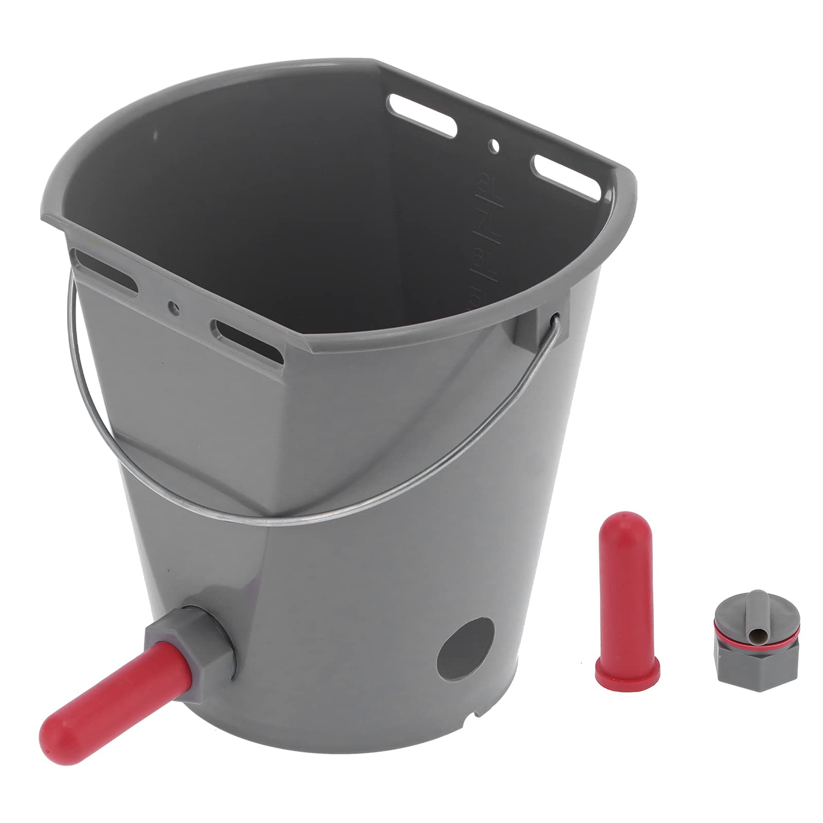 Cubo alimentador de 8 litros, plástico Gris Duradero de Calidad alimentaria, Gran Capacidad para Granjas y ganadería con alimentación de Leche con 2 tetinas (para Ganado)