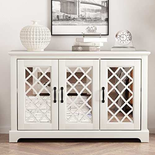 Galano Millicent 3 Door Accent Cabinet With Storage - Modern Distressed Oak Finish - Entryway - Foyer Or Living Room - Easy Assembly - Acrylic Mirror Doors - Ivory #TOP1