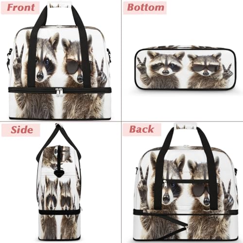 Travel Duffel Bags Cute Animal Raccoon Foldable Weekender Bags for Women with Shoes Compartment Waterproof & Tear Resistant Carry on Overnight Luggage Duffel Bag Shoulder Sports Tote Bag,B-3673