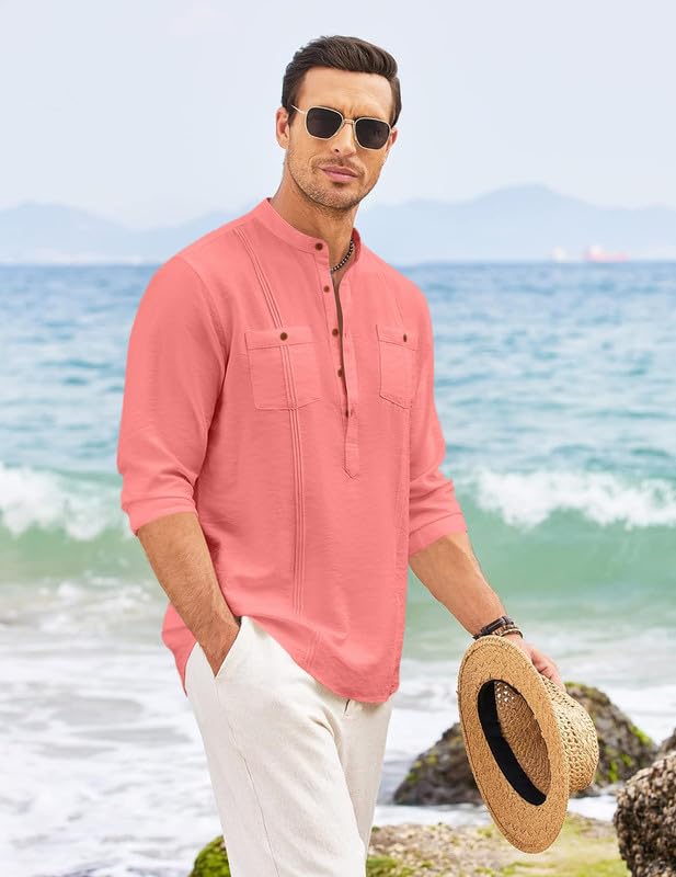 Image of Macsivo Combo of Men's Regular Fit Cotton Blend Solid Casual Short Kurta with Mandarin Collar and Pockets Kurta Pack of 2