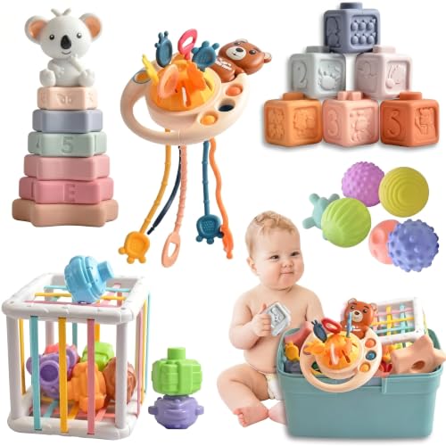 Image of Baby Montessori Sensory Toys 6 to 12 Months, Travel Stroller Infant Toy | 6-in-1 Pull String Activity Toy, Koala Stacker, Soft Blocks, Shape Sorter Developmental Gift for 6-36 Months Boys & Girls