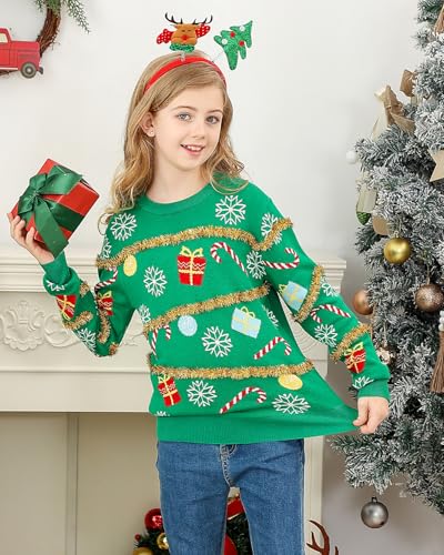 Lovekider 7-14 Years Girls Ugly Christmas Sweater for Kids Tinsel Garland Embellished Holiday Knit Pullovers4