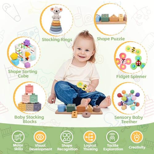 6-in-1 Montessori Baby Toys 0-6 6-12 Months, Infant Teething Toys Soft Stacking Blocks Rings Shape Sorter Sensory Fidget Spinners for Toddler 1-3, First Baby Gift Set for 6 Month Old Girl Boy - Image 3