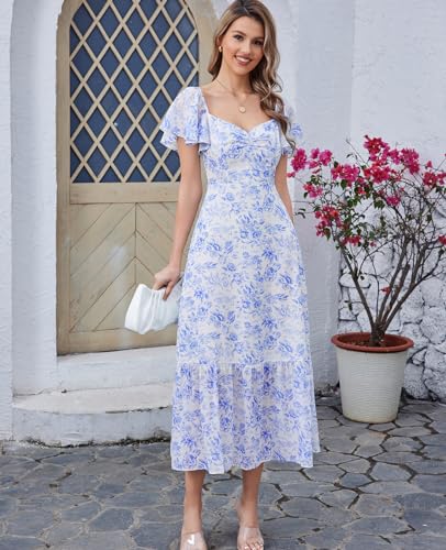 GLNEGE Women's 2025 Summer Midi Floral Boho Dresses Casual Flowy Beach Short Sleeve Dress Ruffle Hem Smocked Sundresses2