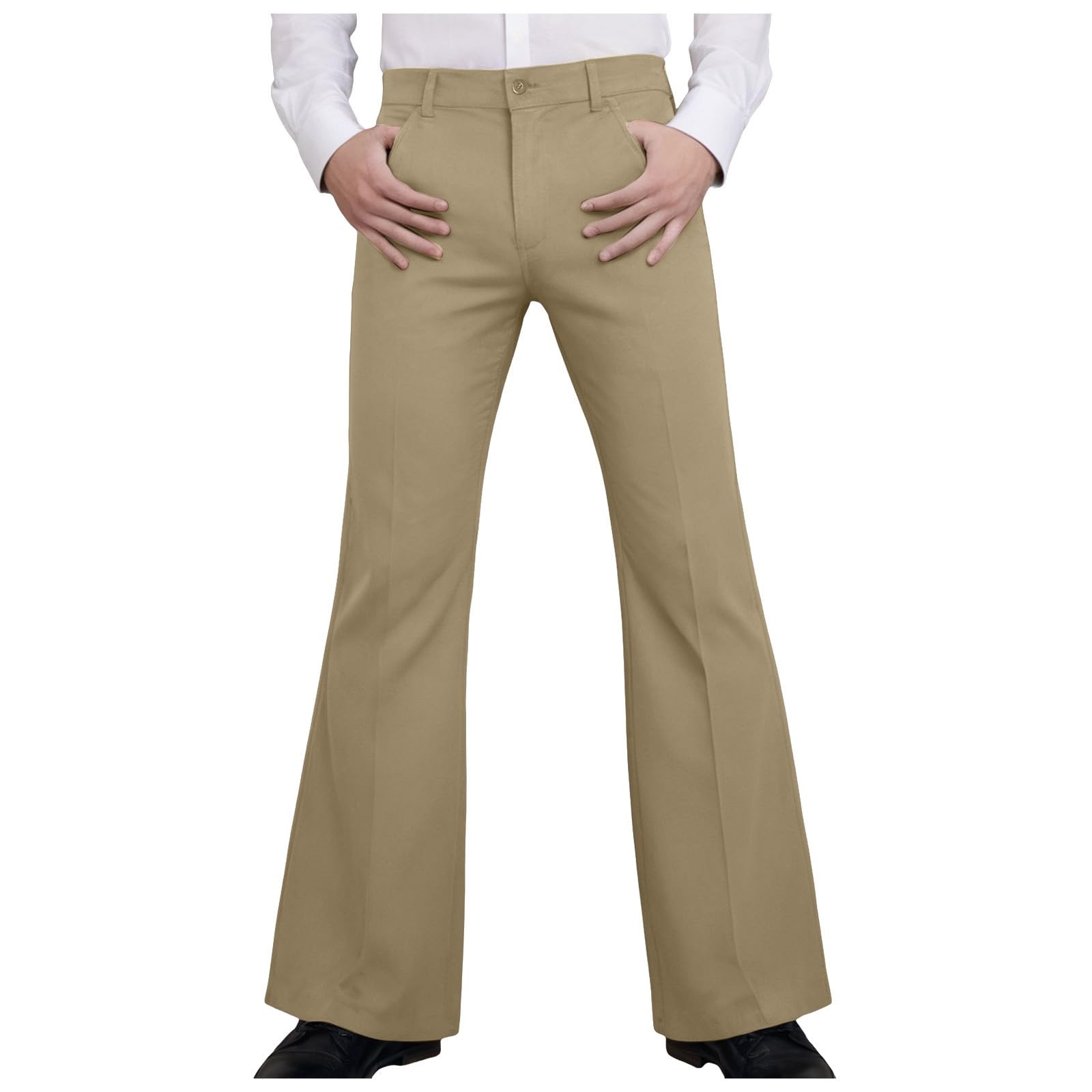 Mens Bell Bottom Pants 70s Disco Outfits Slim Fit Retro Flared Pants 60s 70s Flare Trousers Mens Casual Flare with Pockets Fancy Dress Costume, for Theme Parties, Festivals, Everyday Casual (Khaki, L)