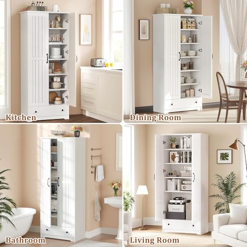 Image of Decofy 70 inch Tall Storage Cabinets, Large Wood Storage Pantry Cabinet with 6 Adjustable Shelves, 2 Striped Doors&Drawer, Standing Utility Cabinet for Kitchen, Bathroom, Dining Room, Antique(Soft White)