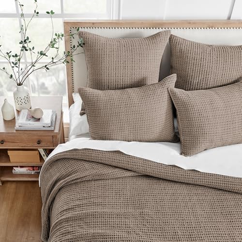 Image of Levtex Home Mills Waffle Full Bedspread Set (100x104in) with 2 Pillow Shams (26x20in) - Cocoa - Cotton Waffle Full Size Bedspread Set - Lightweight, Soft, Pre-Washed