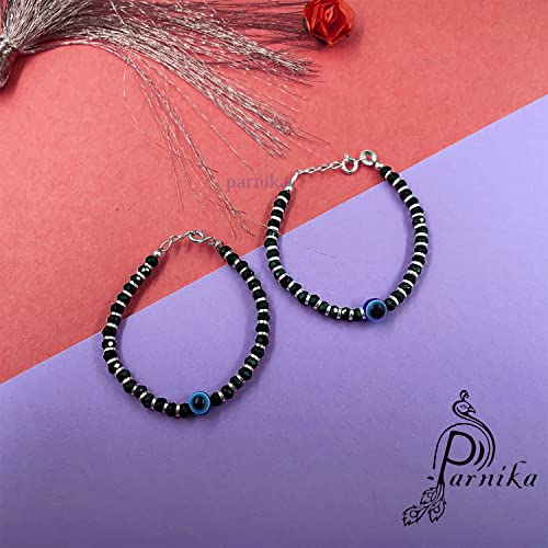 Image of Parnika (Formerly MJ 925 Traditional Silver & Black Crystals Baby Nazariya Kids Silver Bracelet in Pure 92.5 Sterling Silver for Kids - One pair