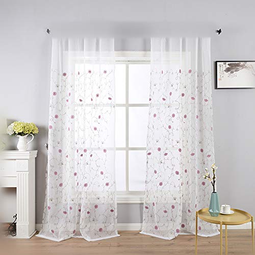 Winyy Hot Pink Floral Sheer Curtain For Sliding Glass Door Rod Pocket Top Window Treatment Embroidered Leaf Dandelion Curtain Voile Home Decor 1 Panel (52 Inch Wide 63 Inch Long) #TOP1