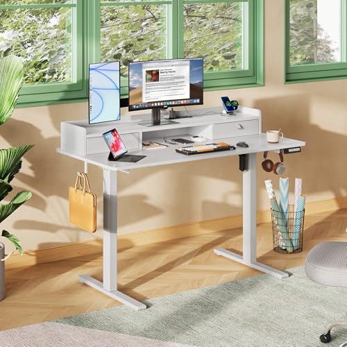 Image of DEVAISE 48 Inch Electric Standing Desk with Shelf, Adjustable Computer Desk for Home Office, with LED Touchscreen,Headphone Hook, 3 Memory Preset, with One-Piece Desktop, White
