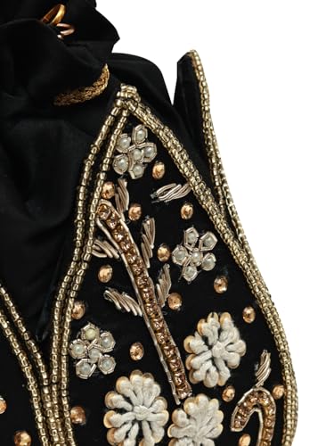 Image of THE TAN CLAN Baag Black Lotus Potli Bag - Handcrafted Silk Pouch with Intricate Zardozi & Lotus Design for Weddings, Bridal Accessories, and Special Occasions