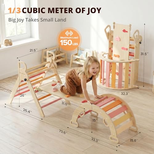 Image of BlueWood Pikler Triangle Set, Toddler Wooden Climbing Toys Indoor 7in1 Foldable Climber for Kids, Montessori Philosophy Play Jungle Gym with Arch, Ramp, Ladder (Farm Charm Autumn)