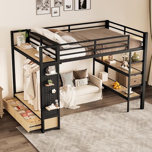 FUvellamo Full Size Loft Bed with Storage Drawers and Wardrobe,