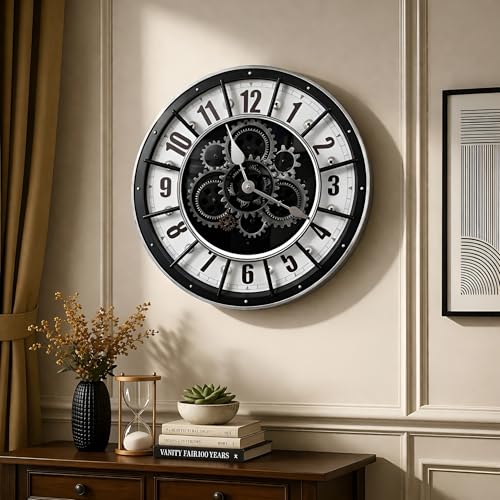 Image of Xtore Striking Industrial Moving Gear Wall Clock for Living Room, Office & Study Decor | Skeleton Dial Design with Exposed Gear Detailing & Bold Numeric Markers (Black & White, 45 cm)