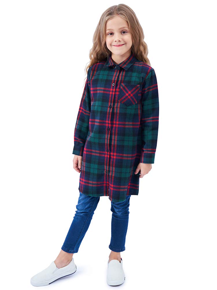 OCHENTA Girls Plaid Flannel Shirts Long Sleeve Button Down Shirt Dress