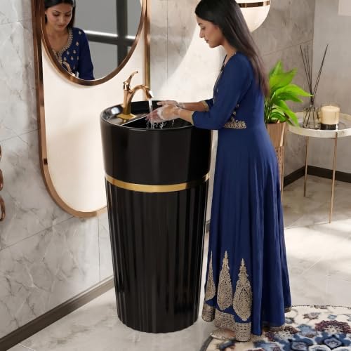 Image of BASSINO 17x17x33 Inches Ceramic Pedestal Wash Basin /7 Years Warranty /One Piece Free Standing Basin For Bathroom /Living Room /Salons /Round Modern Sink /Floor Mounted Washbasin(Glossy Black & Gold)