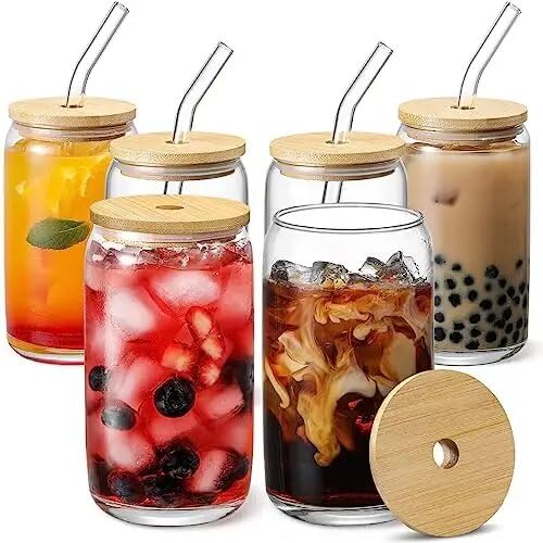 Image of ANKUL Water Soda Drinking Glass Sipper Tumbler Cup Mug for Tea and Coffee Can Mug with Wooden Lid and Straw Set of 1-510ml for Fruit Juice Milk Glass Sipper Tumbler Cup (Round Mug Wooden Lid, 1)