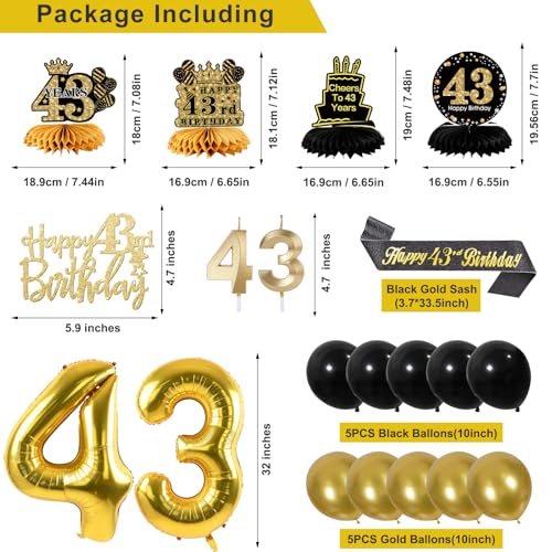Image of 43rd Birthday Decorations for Men, Black Gold 43rd Party Decoration Kits | 27pcs Happy 43rd Birthday Set, Banner, Honeycomb, Balloons, Gold Number, Candle, Hanging Swirls, Cake Topper, Party Supplies