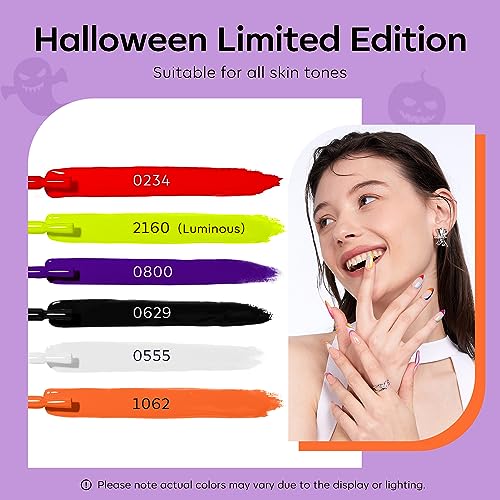 Image of Modelones Gel Nail Polish Set 6 Colors Halloween Glow in the Dark Neon Green Orange Purple Red Black Gel Polish Set Soak Off LED Nail Art Kit Gift with Nail Stikers