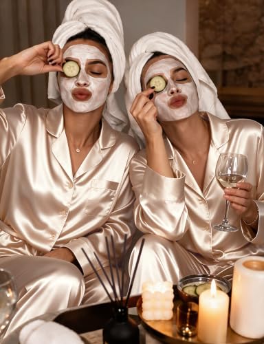 Image of SWOMOG Long Sleeve Pajamas Set Silk Satin Sleepwear Button Down Pjs Loungewear with Pocket