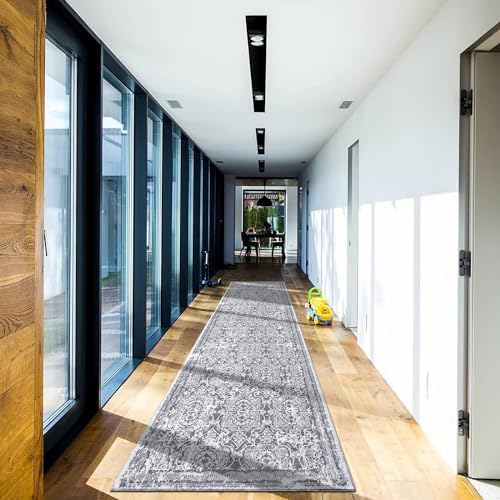Enyhom Hallway Runner Rug, 75 X 305 cm Extra Long Entryway Runner Doormat, Washable Soft Laundry Area Rugs Non Slip Vintage Boho Kitchen Carpet Runners for Bathroom Entrance, Grey