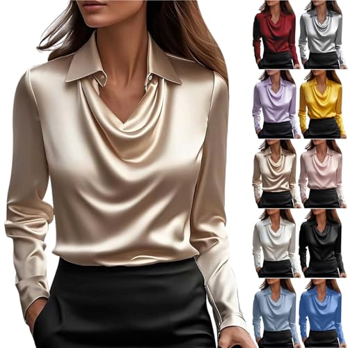 AEPTDEO Long Sleeve Blouse, Womens Elegant Cowl Neck Satin Blouse Long Sleeve Tops Dressy Business Casual office Work Silk Shirt Fall Outfits