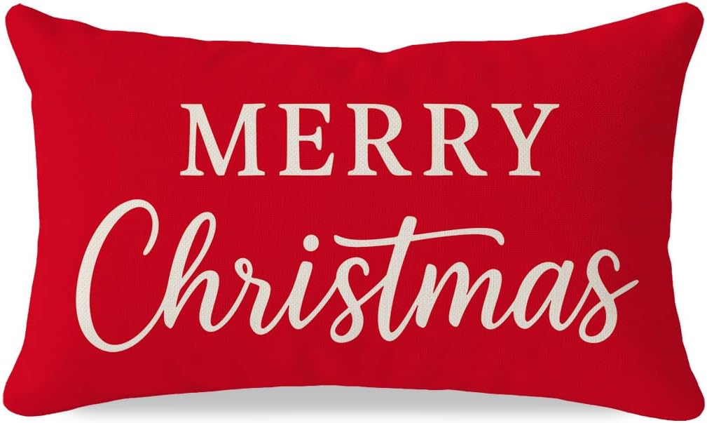 PANDICORN Merry Christmas Throw Pillow Cover 12x20, Red Lumbar Decorative Cushion Case for Couch Sofa Holiday Decor, Classic Christmas Pillow Covers Decoration for Home