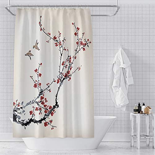 OERJU - Cortina de ducha japonesa con flores de Sakura japonesa, cerezo, jardín, verano, impresión cultural, cortina de baño, impermeable, poliéster, con ganchos, 182 x 183 cm, lavable a máquina