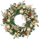 Corona de Navidad artificial de 24 pulgadas con rama artificial con purpurina, decoración de