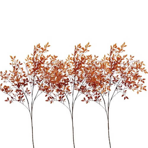 YELIKIT 3PCS Artificial Plants Faux Branches Green Nandina Faux Plants for Vase, Artificial Plants Branches for Wedding Home Office Modern Decor Summer Autumn Plants Stems, Orange 43/108cm